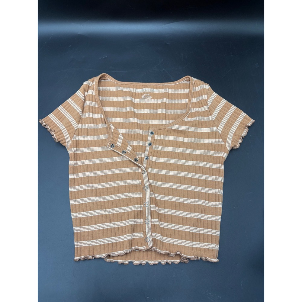 American Eagle Womens Striped Ribbed Snap Front Lettuce Edge Crop Top Small